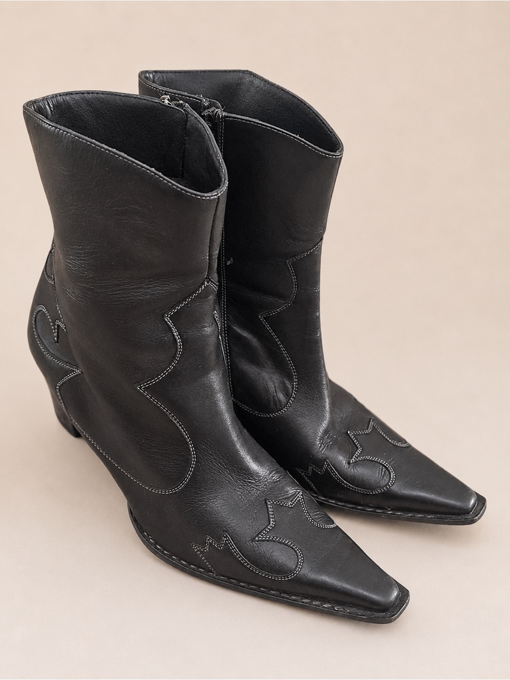 VINTAGE PAUL GREEN Western Cowgirl Cowboy Black Leather Pointed Toe Ankle Boots - Picture 3 of 16